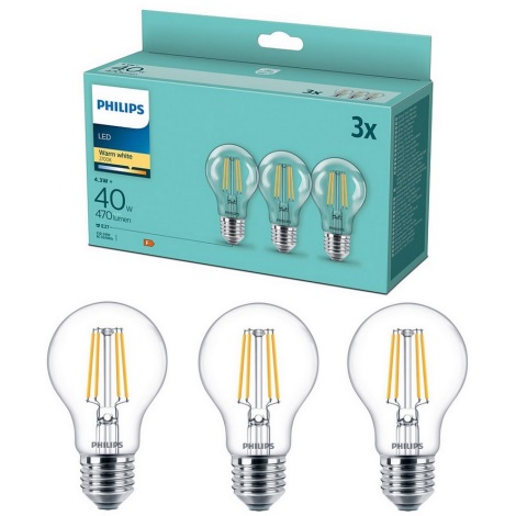 SET 3x LED Glühbirne VINTAGE Philips E27/4,3W/230V 2700K