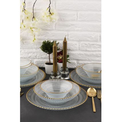 12-teiliges Ess-Set, transparent/goldfarben, aus Glas