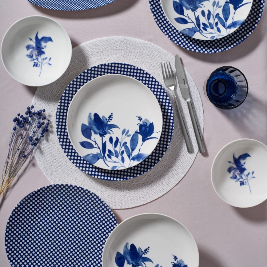 14-teiliges Tafelservice, weiß/blau, Porzellan