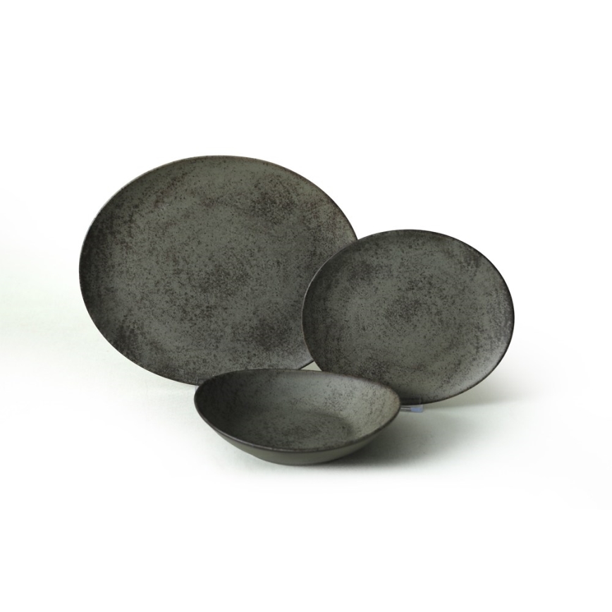 18-teiliges Geschirrset, Anthrazit/Grün, aus Steingut