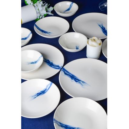 18-teiliges Geschirrset aus Porzellan, weiß/blau