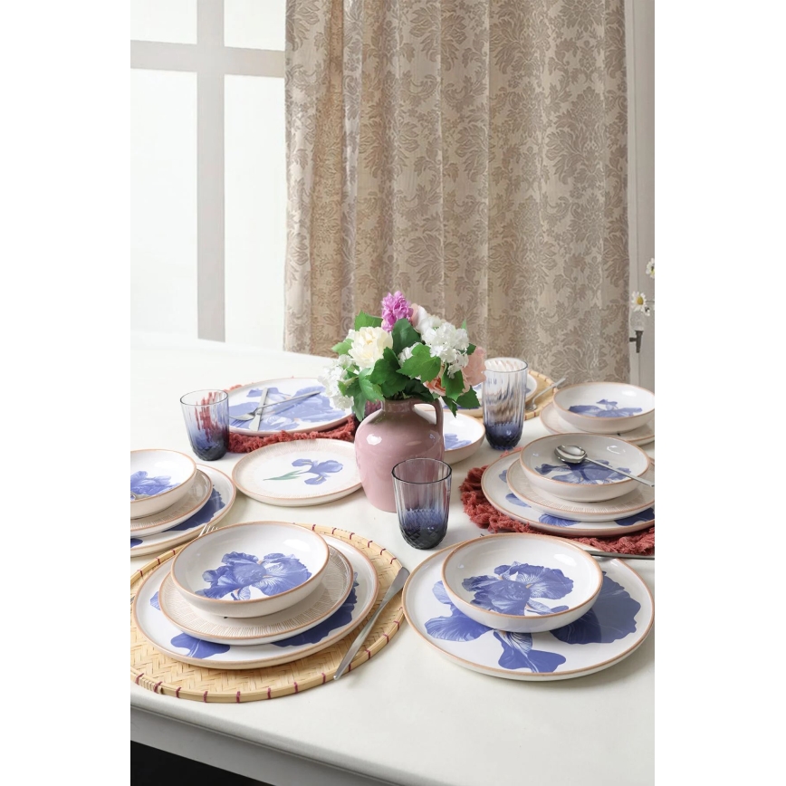 18-teiliges Keramik-Geschirr, weiß/blau/beige