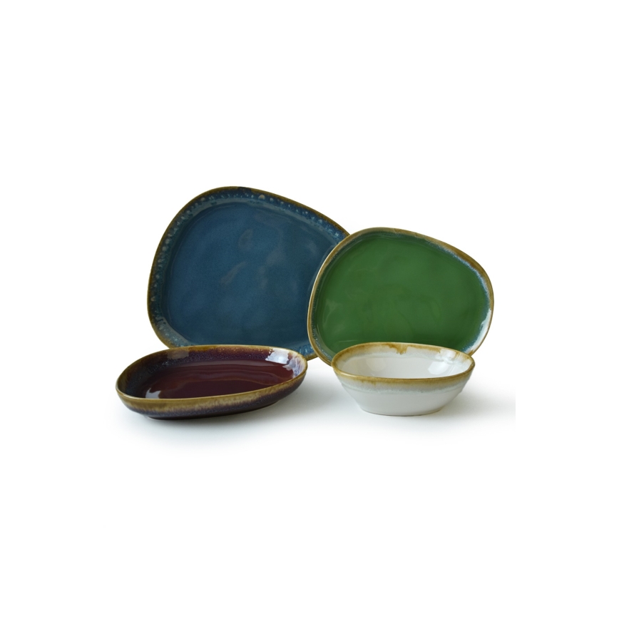24-teiliges, farbenfrohes Geschirrset aus Steinzeug