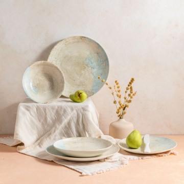 24-teiliges Geschirrset, blau/beige, aus hochwertigem Porzellan