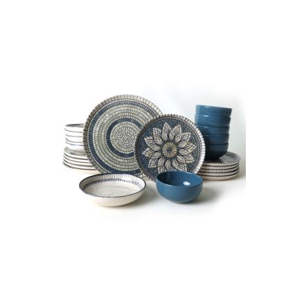 24-teiliges Geschirrset, blau/cremefarben, aus Steingut