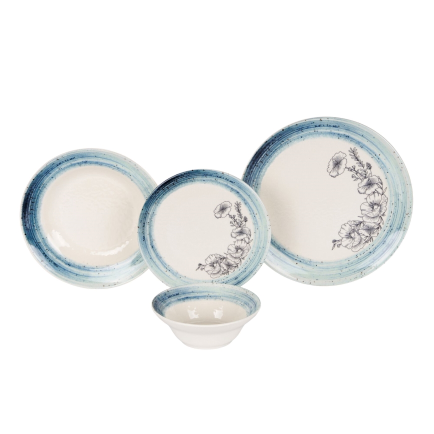 24-teiliges Geschirrset, weiß/blau, aus Keramik