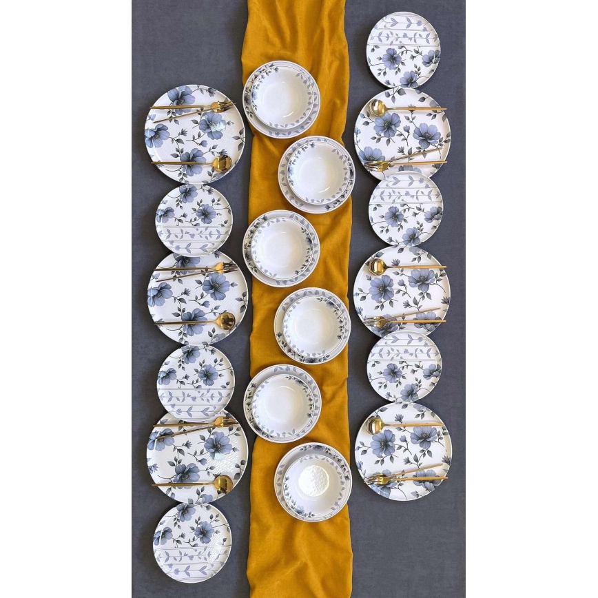 24-teiliges Geschirrset, weiß/blau, Keramik