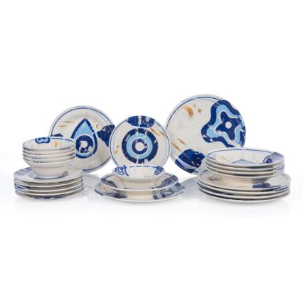 24-teiliges Geschirrset, weiß/blau, Keramik