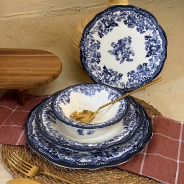 24-teiliges Geschirrset, weiß/blau, Porzellan