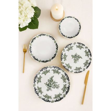 24-teiliges Geschirrset, weiß/grün, Porzellan