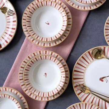 24-teiliges Geschirrset, weiß/rot/gold, Keramik