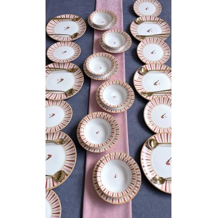 24-teiliges Geschirrset, weiß/rot/gold, Keramik