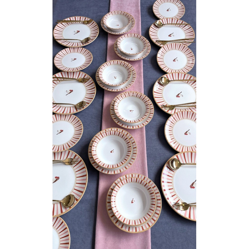 24-teiliges Geschirrset, weiß/rot/gold, Keramik
