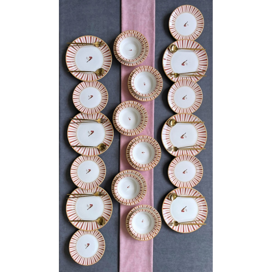 24-teiliges Geschirrset, weiß/rot/gold, Keramik