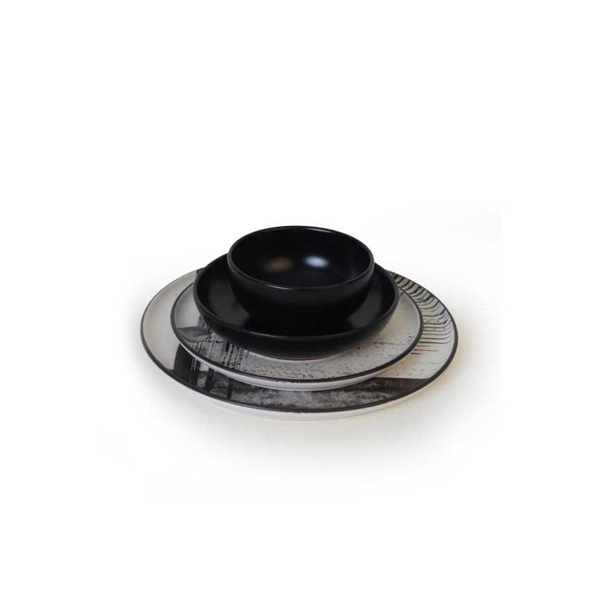 24-teiliges Geschirrset, weiß/schwarz, aus Steinzeug