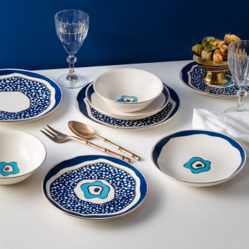 24-teiliges Porzellan-Tafelservice, weiß/blau/gold