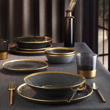 24-teiliges Speiseservice Anthrazit/Gold/Porzellan