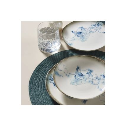24-teiliges Speiseservice aus Porzellan, weiß/blau