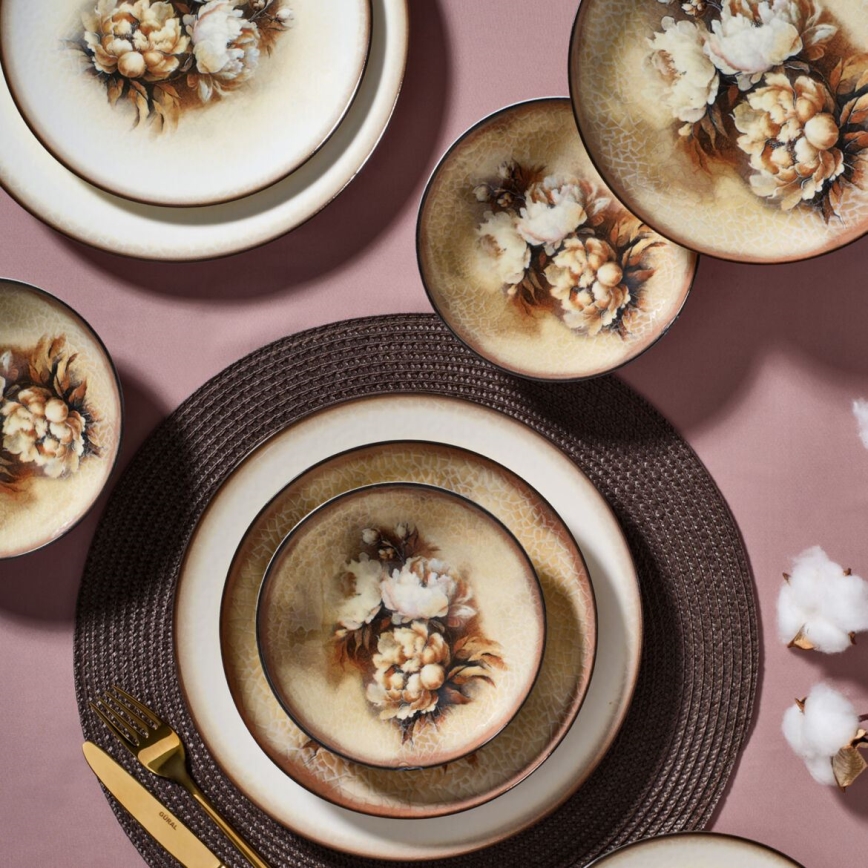 26-teiliges Porzellan-Geschirrset in Beige/Braun/Weiß