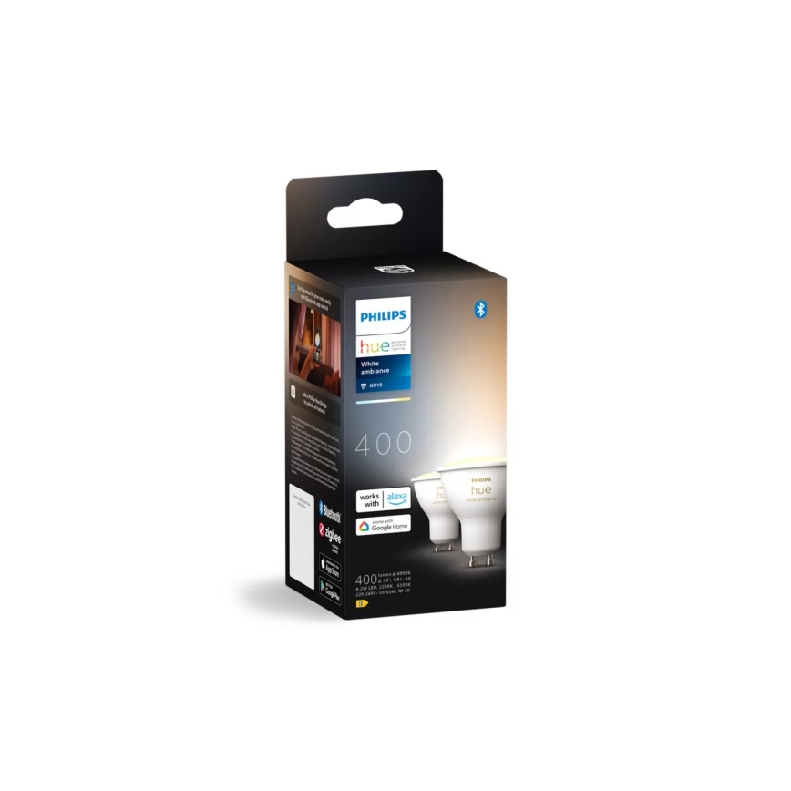 2er-Set dimmbares LED-Leuchtmittel Philips Hue WHITE AMBIANCE GU10/4,2W/230V 2200-6500K + Hue bridge