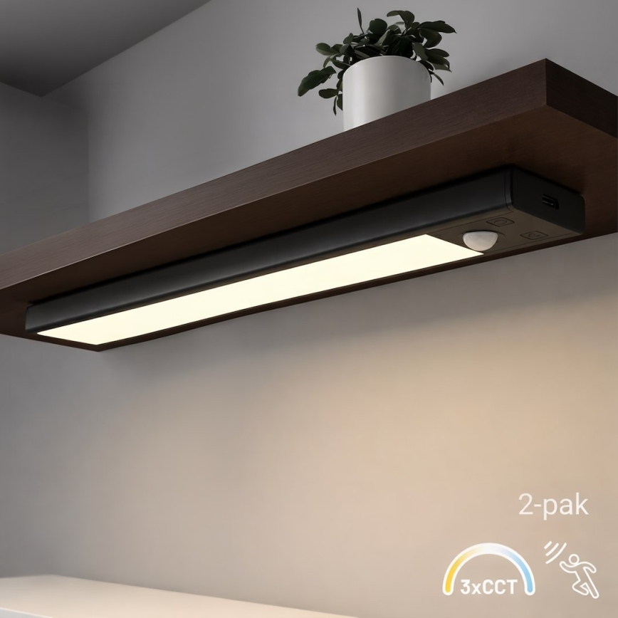 2er-Set wiederaufladbare LED-Möbelbeleuchtung mit Bewegungs- und Dämmerungssensor VIRO LED/1,2W/3,7V 800 mAh 3000/4000/6500K 30 cm schwarz