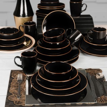 30-teiliges Tafelservice, schwarz/gold, aus Steinzeug