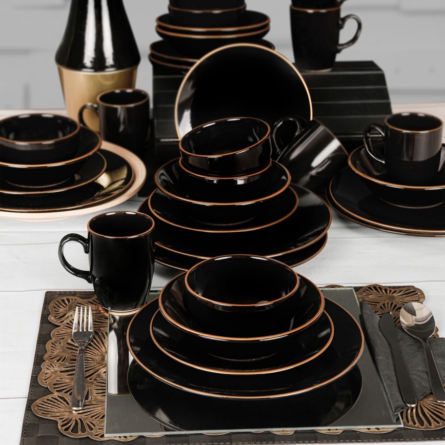 30-teiliges Tafelservice, schwarz/gold, aus Steinzeug