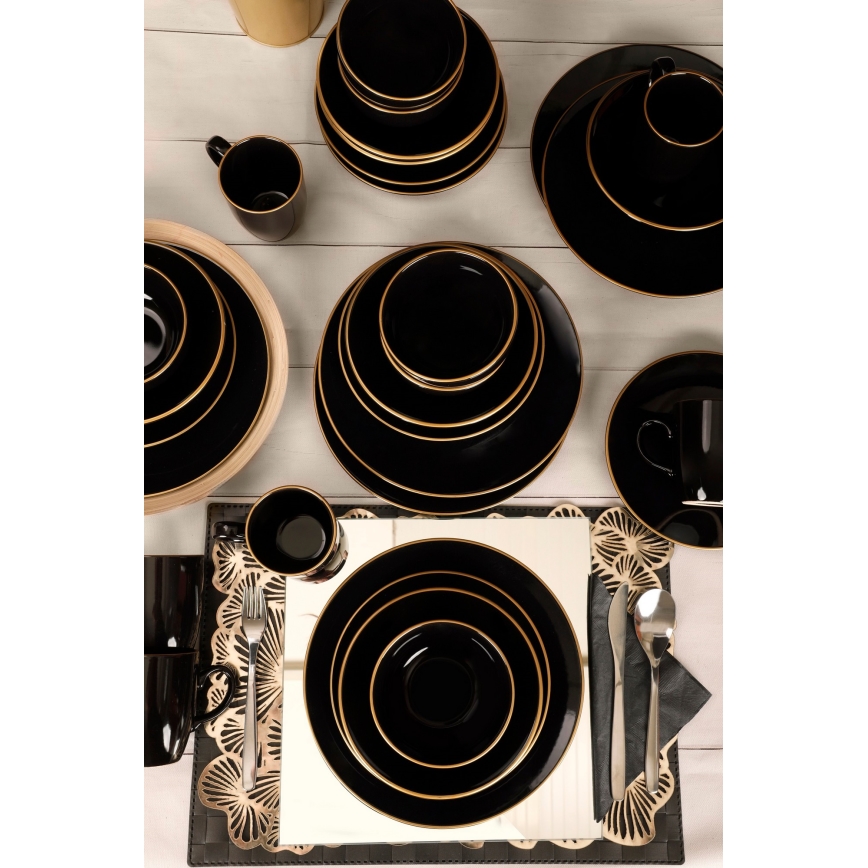 30-teiliges Tafelservice, schwarz/gold, aus Steinzeug
