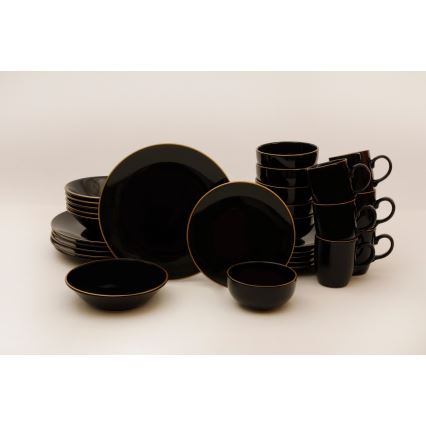 30-teiliges Tafelservice, schwarz/gold, aus Steinzeug