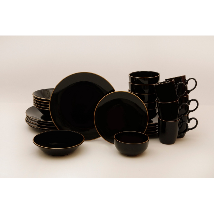 30-teiliges Tafelservice, schwarz/gold, aus Steinzeug