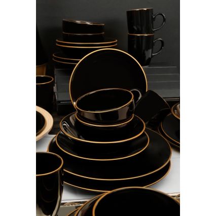 30-teiliges Tafelservice, schwarz/gold, aus Steinzeug