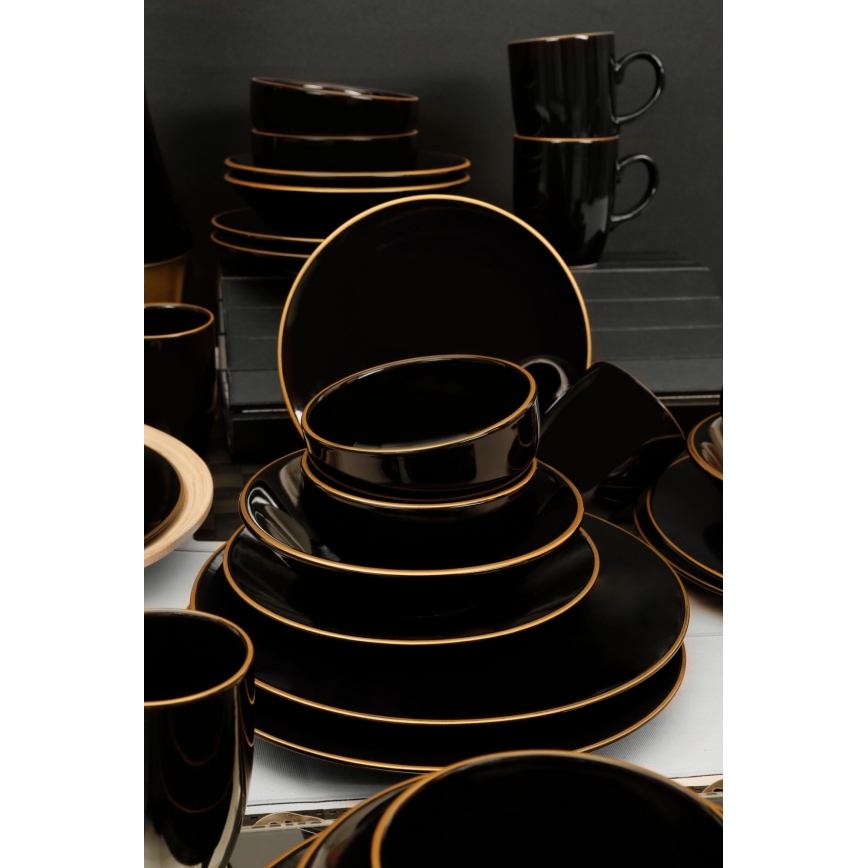 30-teiliges Tafelservice, schwarz/gold, aus Steinzeug