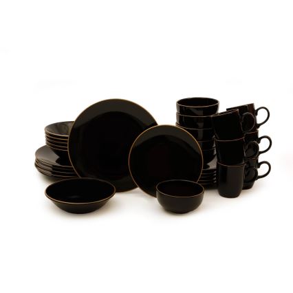 30-teiliges Tafelservice, schwarz/gold, aus Steinzeug