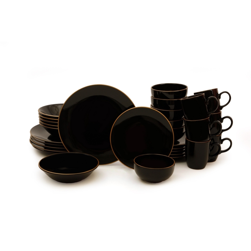 30-teiliges Tafelservice, schwarz/gold, aus Steinzeug