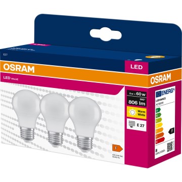 3er-Set LED-Glühbirne A60 E27/8W/230V 3000K - Osram
