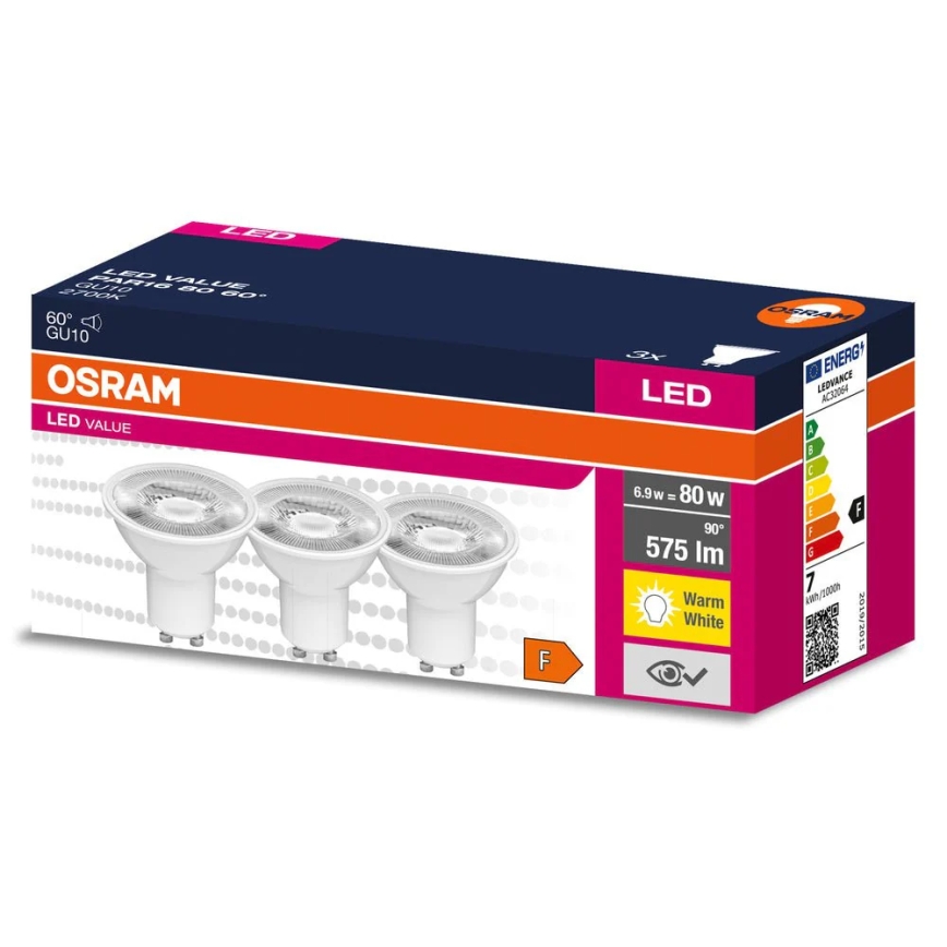 3er-Set LED-Reflektorlampe PAR16 GU10, 6,9 W, 230 V, 2700 K, 60° - Osram