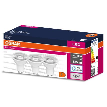 3er-Set LED-Reflektorlampen PAR16 GU10, 6,9 W, 230 V, 6500 K, 36° - Osram