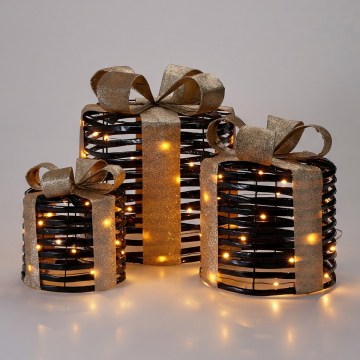3er-Set LED-Weihnachtsdekoration 20xLED/2xAA + 30xLED/3xAA + 40xLED/3xAA warmweiß Geschenke/schwarz