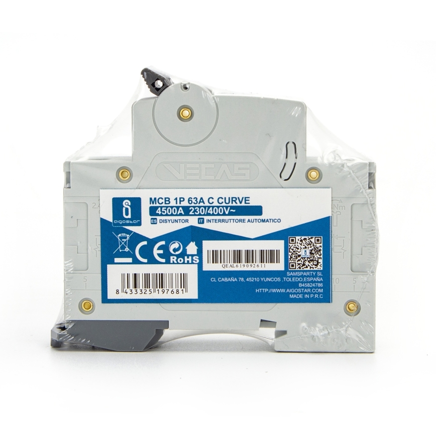 Aigostar - 1-poliger Leitungsschutzschalter 1P-63A-C 230-400V