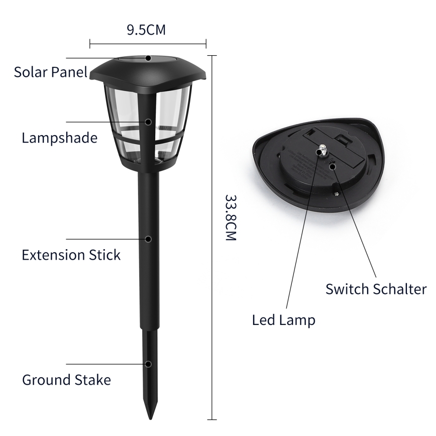 Aigostar - 12er-Set LED-Solarleuchte LED/0,06W/2V 33,8 cm 6500K 100 mAh IP44 schwarz