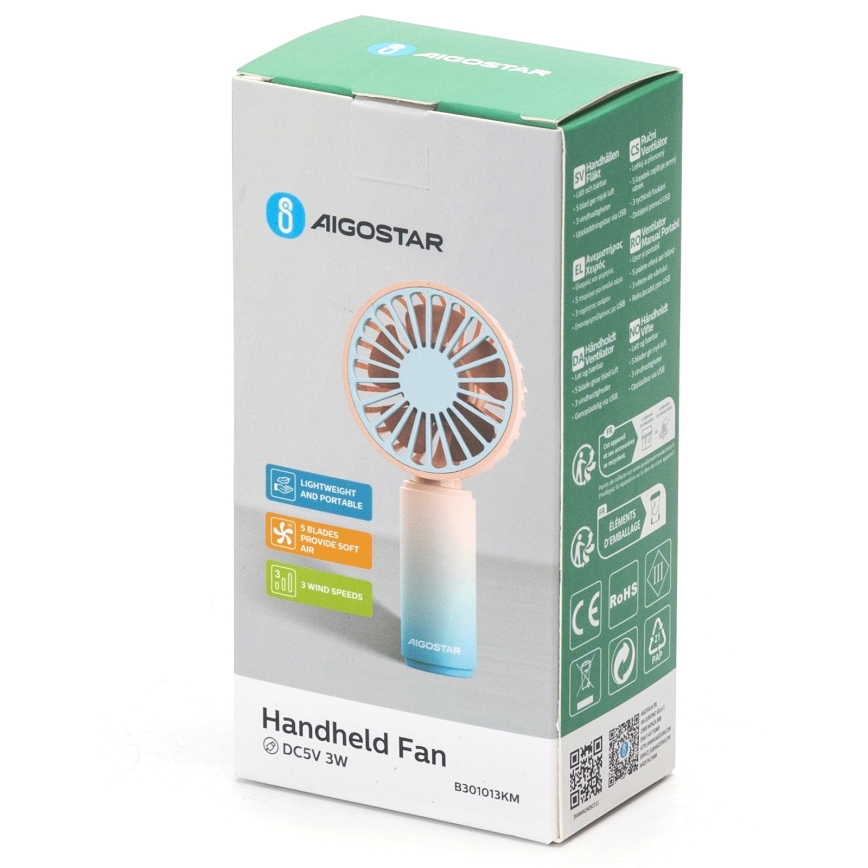 Aigostar - Aufladbar pocket Ventilator 3W/5V 500mAh USB rosa/blau