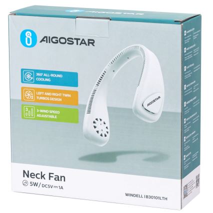 Aigostar - Aufladbarer Nackenventilator 4W/5V 2000mAh weiß