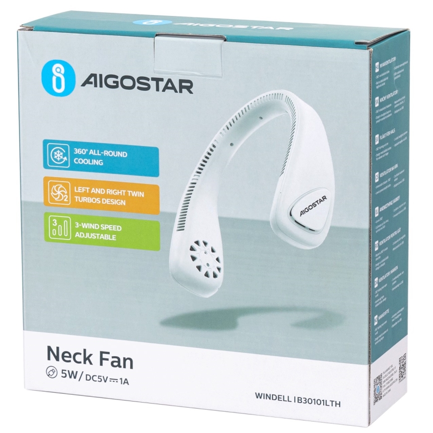 Aigostar - Aufladbarer Nackenventilator 4W/5V 2000mAh weiß