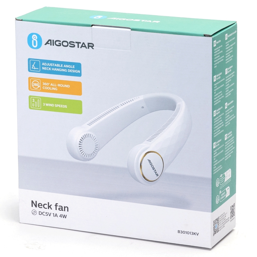Aigostar - Aufladbarer Nackenventilator 4W/5V 2000mAh weiß