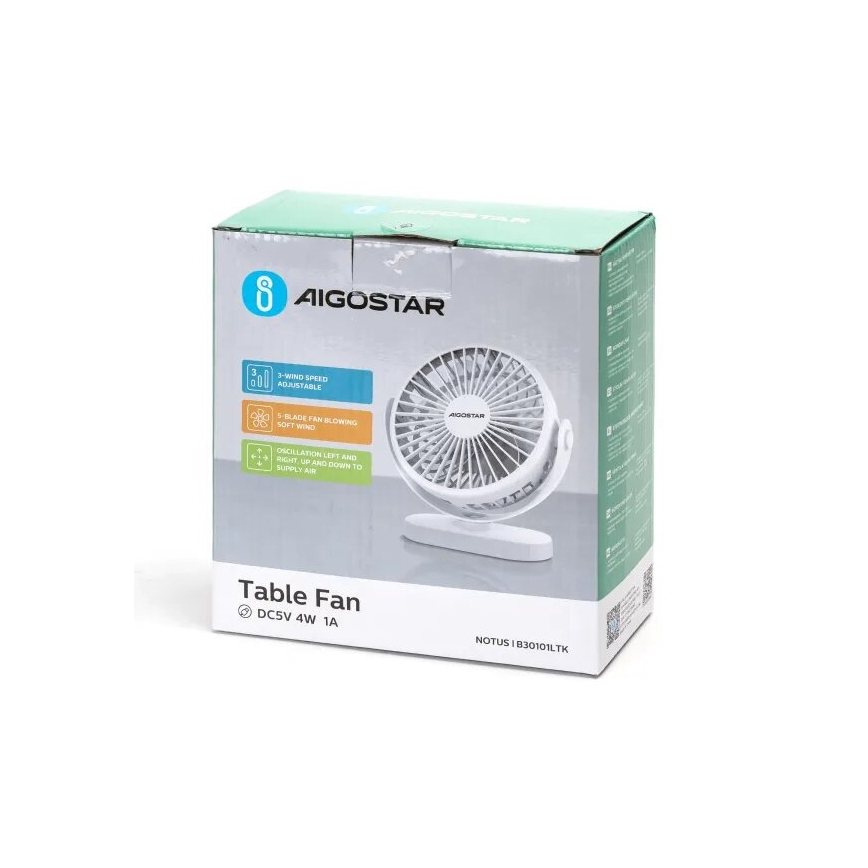 Aigostar - Aufladbarer Tischventilator 4W/5V 1500mAh weiß
