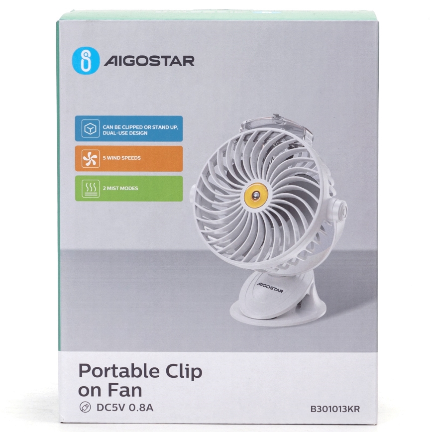 Aigostar - Aufladbarer Tischventilator mit Klemme 2W/5V 2400mAh USB weiß