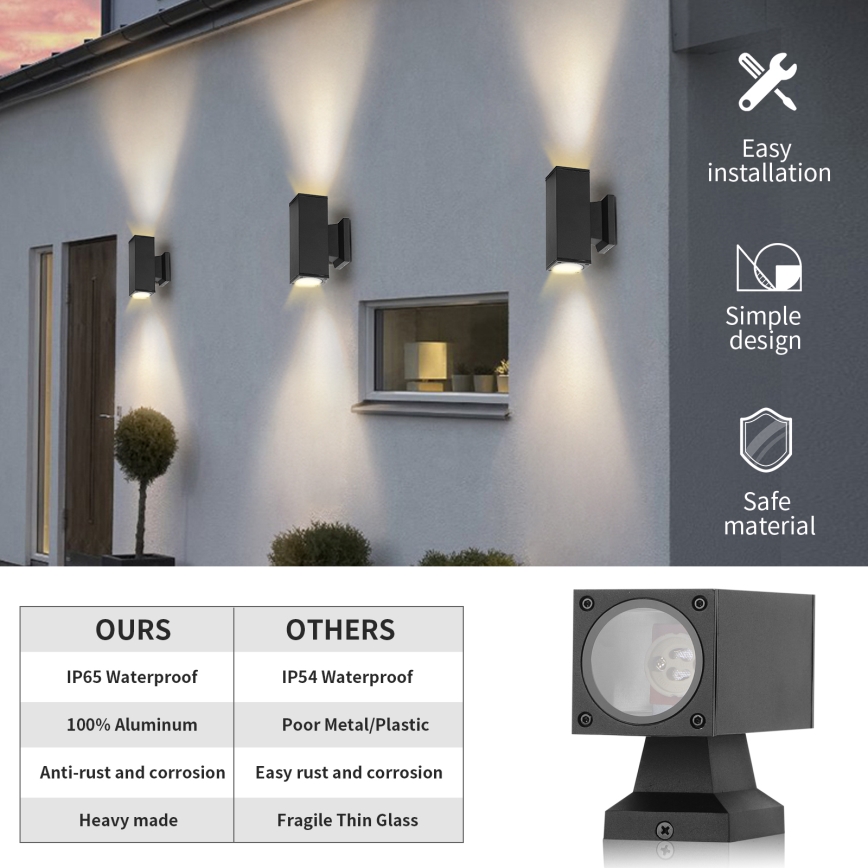 Aigostar - Außenwandleuchte 2x GU10 / 230 V IP65, schwarz, eckig