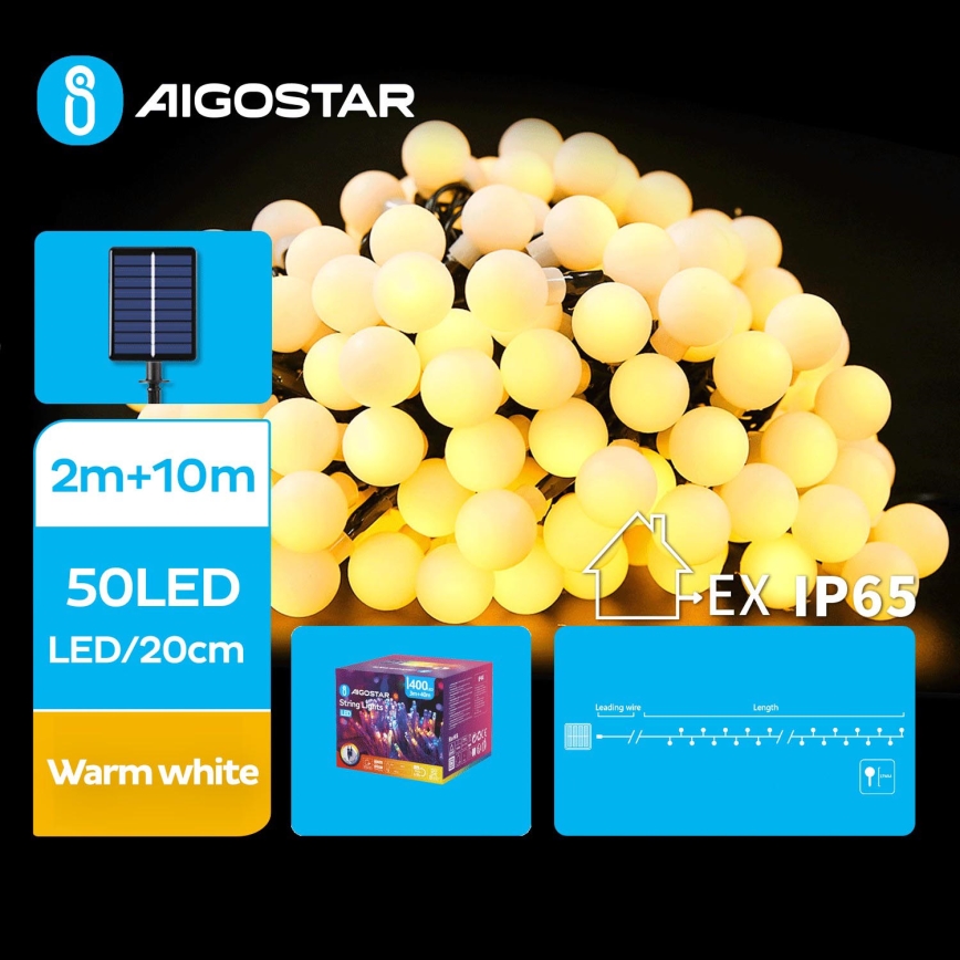 Aigostar - Dekorative LED-Solar-Lichterkette 50xLED/8 Funktionen 12m 800 mAh IP65 warmweiβ