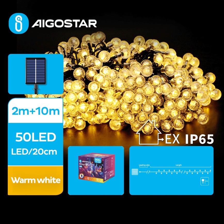 Aigostar - Dekorative LED-Solar-Lichterkette 50xLED/8 Funktionen 12m 800 mAh IP65 warmweiβ