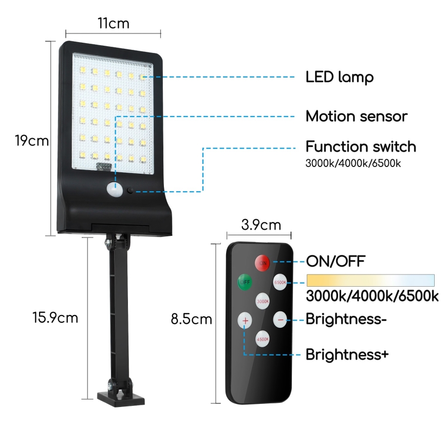 Aigostar - Dimmbare LED-Solarleuchte mit Sensor LED/2,3W/5,5V IP65 1800 mAh + Fernbedienung